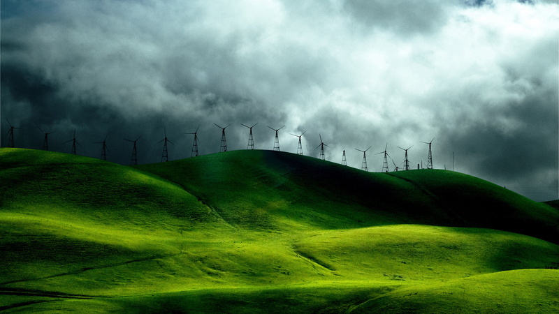 environmental conservation, country, scenery, water, wind power, scenics - nature, hill, beauty in nature, farm, green color, outdoors, grassland, mound
