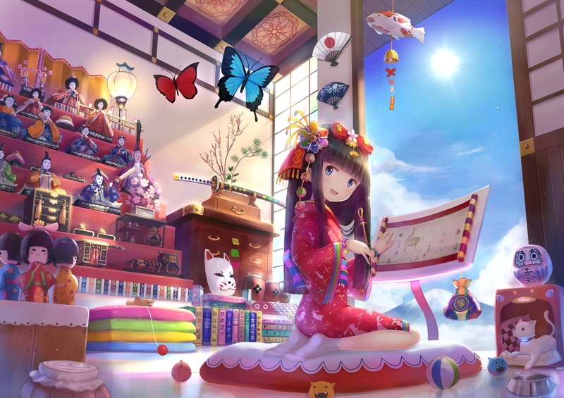 Original, Anime, Pen, Japanese Clothes, for sale, art and craft, lighting equipment, Black Hair, 1080P, built structure, architecture, Mask, Butterfly