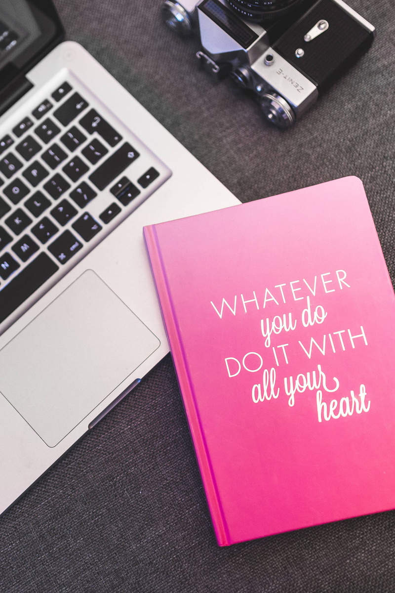 text, office, pen, notebook, table, camera, diary, connection, silver, paper, Pink, 2K, laptop, high angle view, message, technology, still life, business