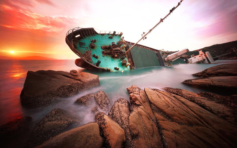 long exposure, desktop, nature, motion, abandoned, water, no people, crash, ship, sinking, 4K, sky, rocks, nautical vessel, broad, sailboat, cloud - sky