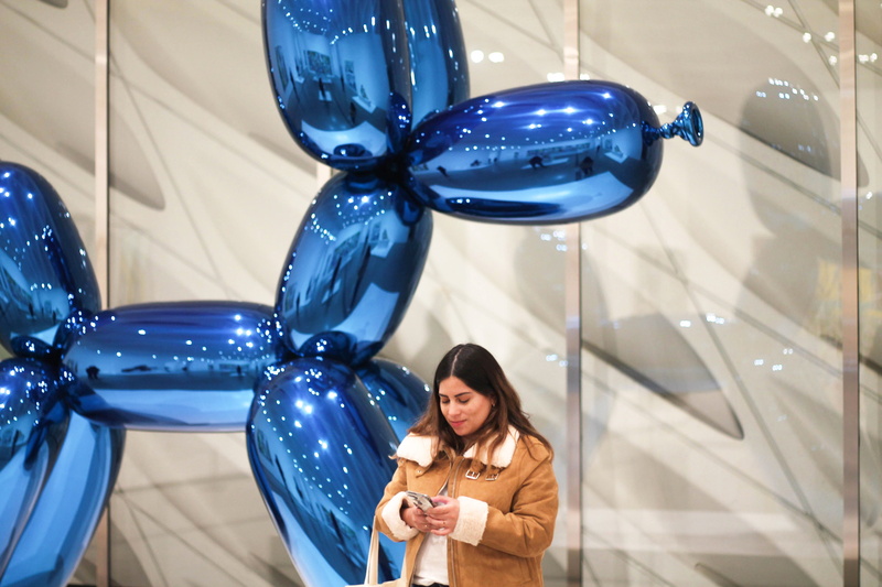 Jeff Koons, dog, standing, smiling, technology, lifestyles, hairstyle, Balloon Dog, holding, young women, young adult, transportation, women, waist up