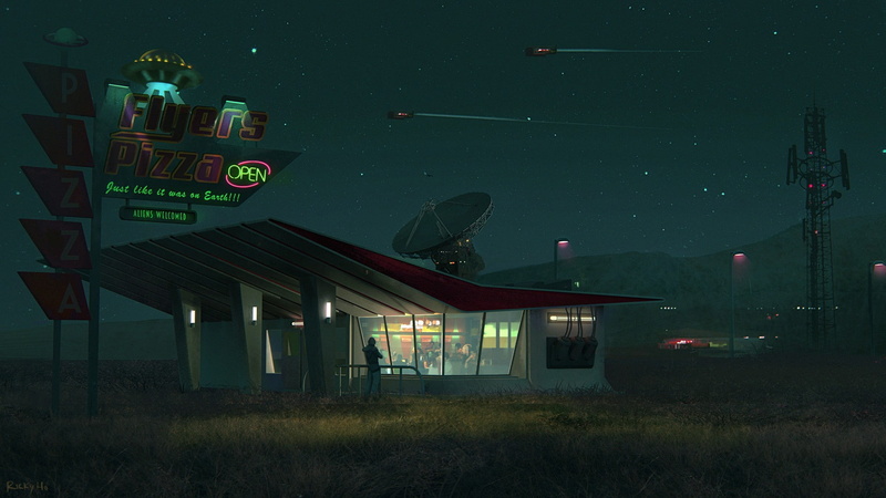night, stars, house, science fiction, pizza, satellite, digital art, 1080P, spaceship, neon text