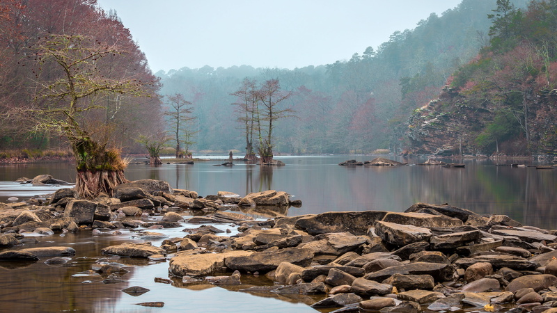 day, brown, rock - object, no people, plant, solid, reflection, rocks, fog, beauty in nature, USA, beavers bend state park, sky, Oklahoma, nature, tranquility