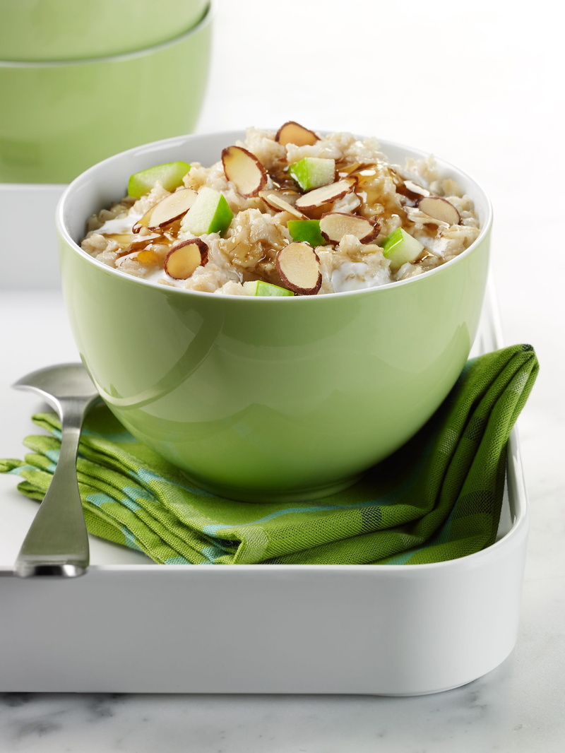 morning, bowl, round, almonds, soup, meal, spoon, table, oats, cooked, close-up, indoors, studio shot, cereal, green color, freshness, food and drink, healthy