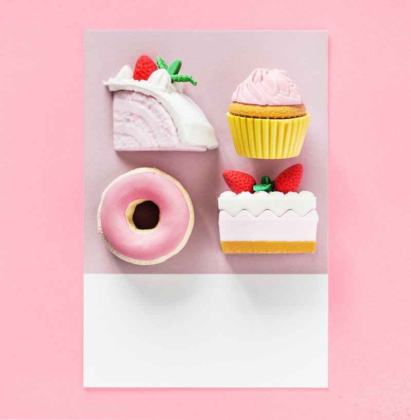 sweet, traditional, no people, lay flat, four, cream, pastry, donut, white, design, illustration, color, strawberry, icing, temptation, cupcake, pastel