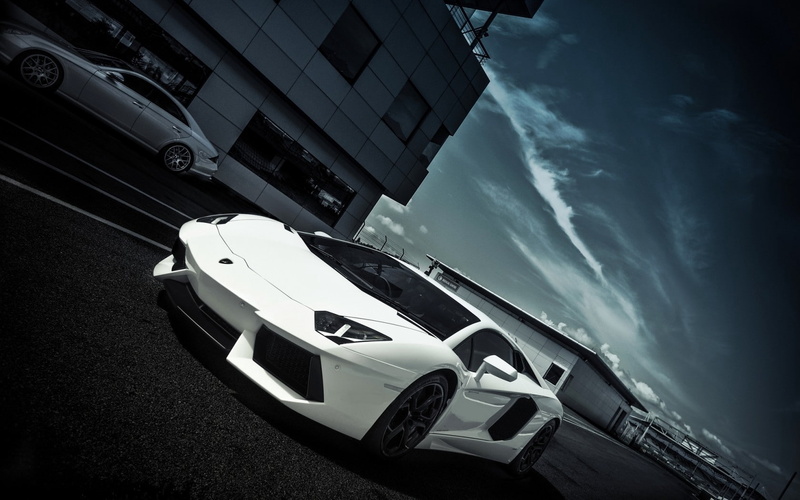 building, 720P, sky, road, side view, clouds, windows, lamborghini, white, layout, lamborghini aventador