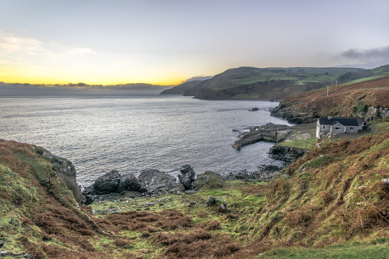 ocean, grey house, grey, dawn, photography, Torr, europe, Northern Ireland, ireland, united kingdom, orange, ultra wide angle, scenics, 1080P, konica minolta