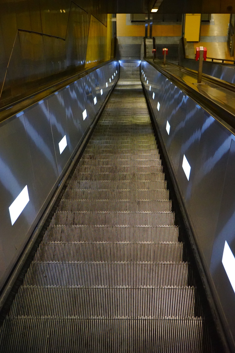 railing, roller platform, down, direction, no people, empty, convenience, high angle view, architecture, built structure, transportation, illuminated, handrails