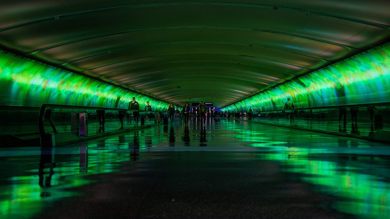 street, water, 8K, reflect, lighting equipment, colour, incidental people, the way forward, green color, tunnel, transportation, airport, green, built structure