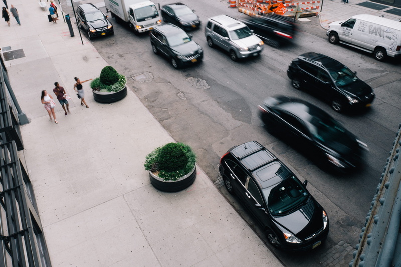 car, sidewalk, day, city, moving, 4K, land vehicle, real people, united states, street, high angle view, people, transportation, nyc, motor vehicle, outdoors
