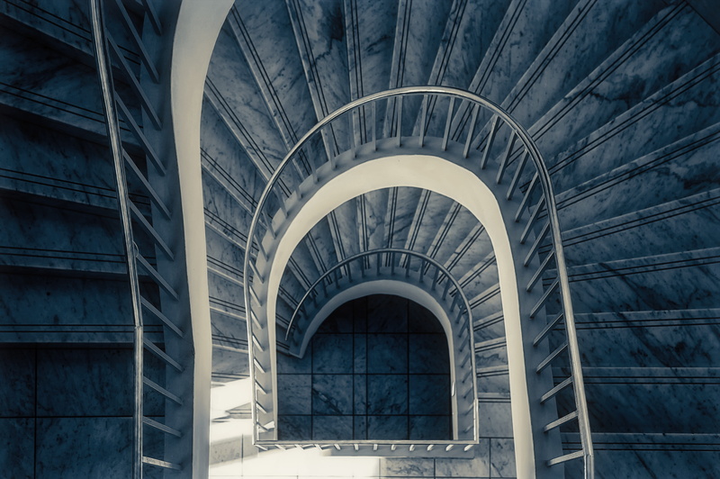 low angle view, architecture, rise, pattern, stair step, emergence, 5K, upward, building, spiral, go up, outdoors, spiral staircase, steps and staircases