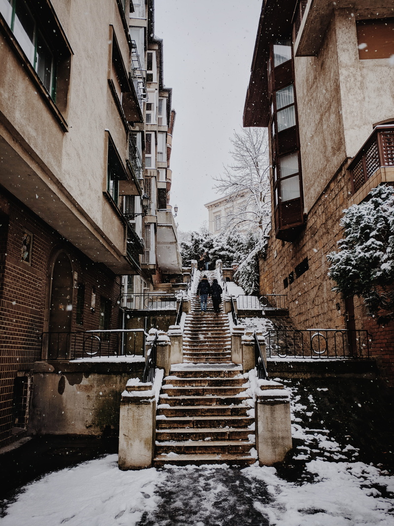 banister, walkway, person, snowing, sky, pavement, day, flagstone, water, nature, handrail, city, urban, 4K, alley, frozen, winter, path, street, cold temperature