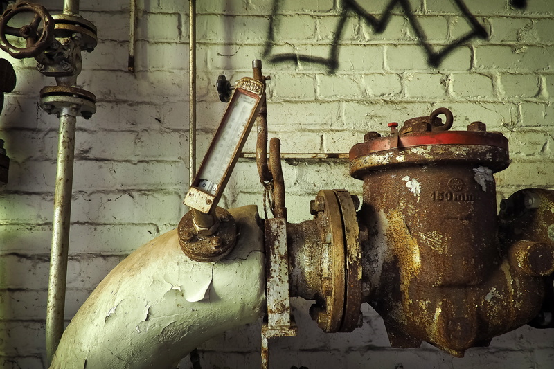 industry, outdoors, machine valve, metal, abandoned, contrast, run-down, line, pipes, dilapidated, gland, pillar, ruin, day, brown, industrial hall, mystical