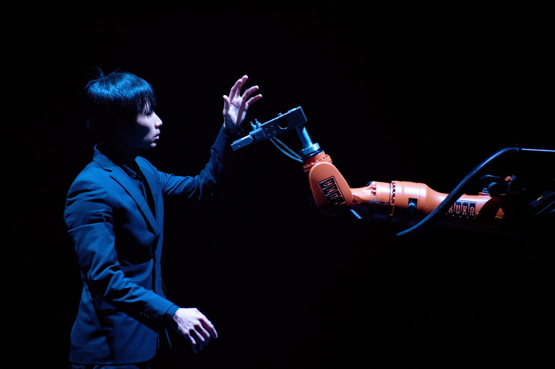 dancer, arts culture and entertainment, togetherness, adult, performance, black background, people, holding, KUKA, studio shot, 1080P, robot, waist up
