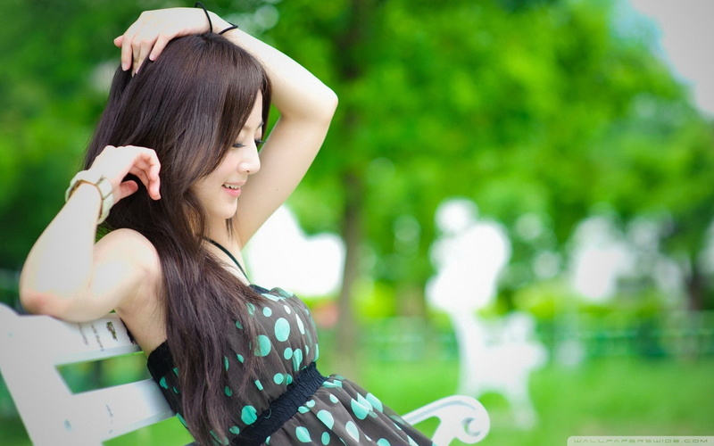 brunette, sitting, side view, women, women outdoors, 1080P, black dress, Mikako Zhang Kaijie, arms up, Asian