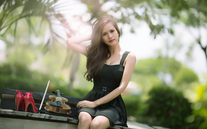 violin, women, brunette, red heels, musical instrument, women outdoors, 2K, dress, model, sitting, long hair, arms up, Asian