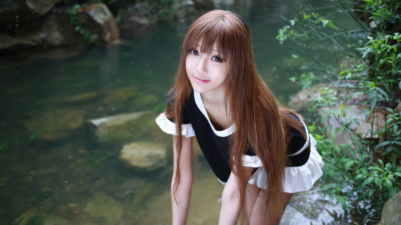 brunette, skinny, 1080P, women, black dress, pink lipstick, long hair, Xiuren, model, Asian, women outdoors, eyeliner