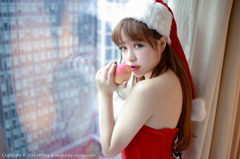eyes, Christmas, Xiuren, juicy lips, looking back, window, women indoors, brunette, Asian, Santa costume, 2K, looking at viewer, strapless dress, sensual gaze