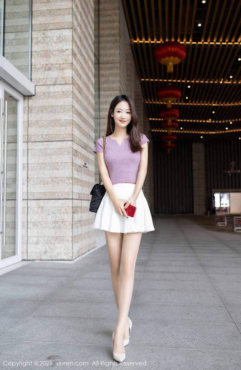 Xiuren, high heels, legs, looking at viewer, women outdoors, portrait display, miniskirt, smiling, Asian, standing, 5K, women, brunette