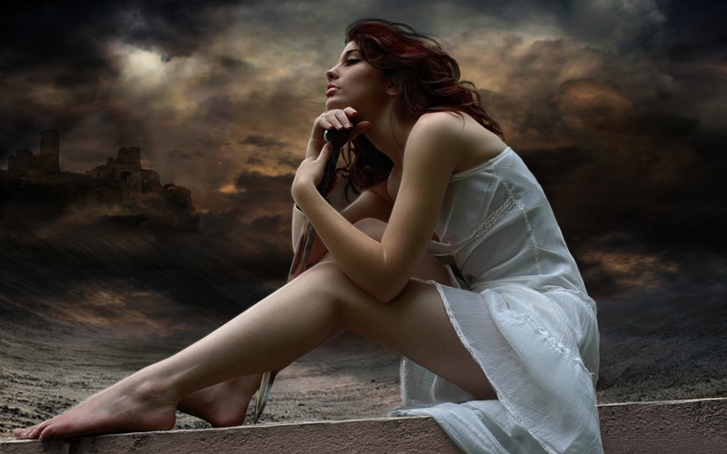 2K, Dusk, Dress, White, Sitting, Girl, Posture