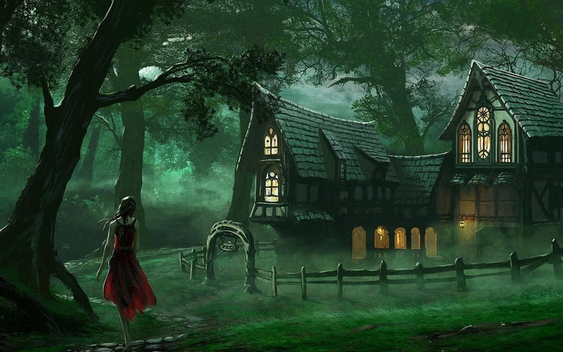 posture, s, women, forest, cabin, red, dress, Girl, tank, 2K
