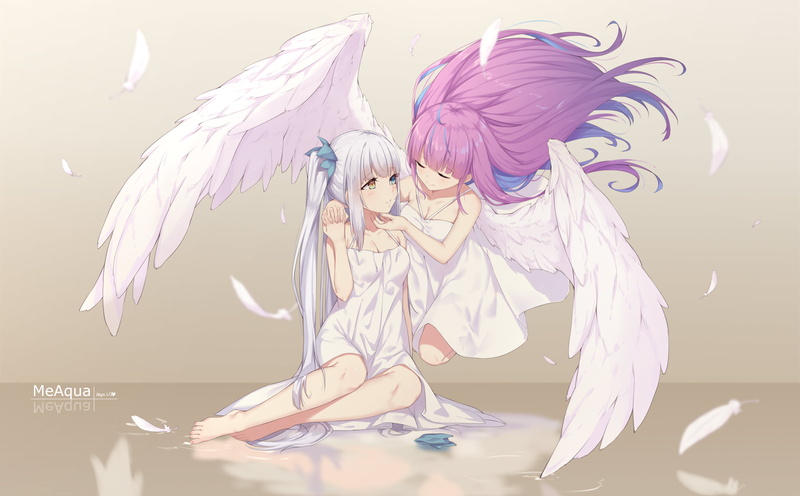 Virtual Youtuber, Minato Aqua, Water, Anime, Kagura Mea, Angel, Girl, Wings, 1080P, Heterochromia