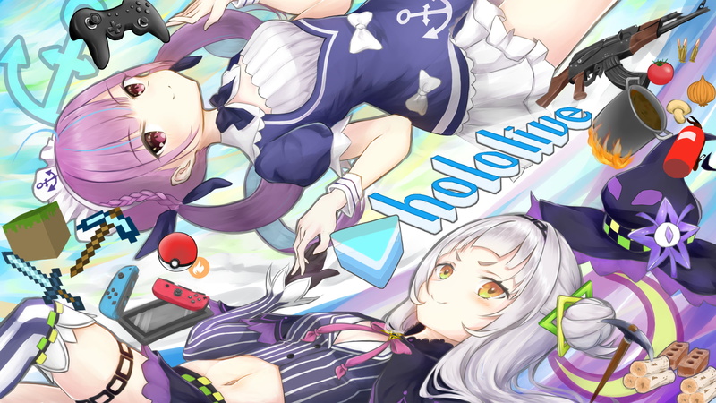 white hair, Hololive, Nintendo Switch, Pokémon, Minecraft, controller, purple hair, shotgun, blue dress, Virtual Youtuber, 2K, Murasaki Shion, hair band