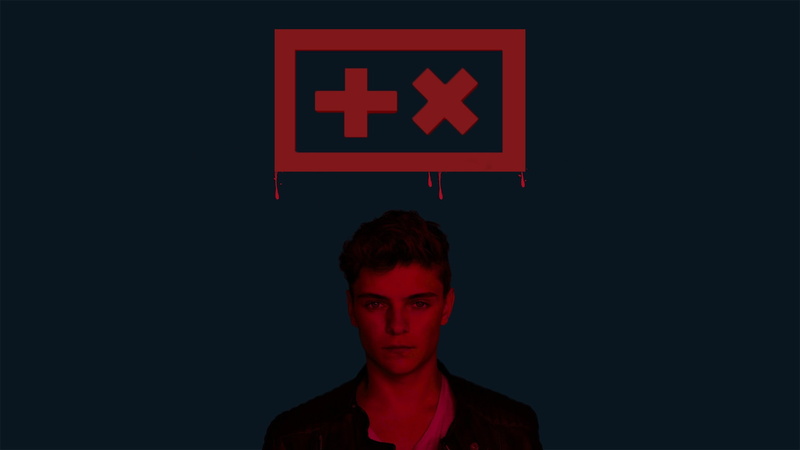 black background, portrait, red, indoors, 1080P, sign, copy space, looking, illuminated, serious, young adult, close-up, warning sign, headshot, Martin Garrix