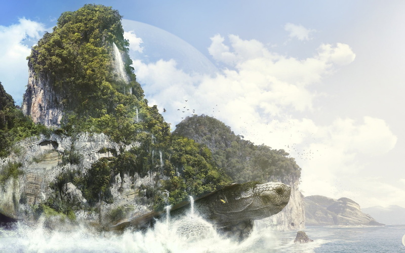 sea, turtle, trees, edited, artwork, mountains, sea monsters, digital art, waves, science fiction, fantasy art, Words of Radiance, 1080P