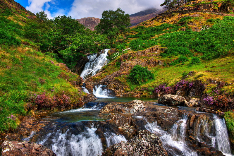 river, sky, clouds, Snowdonia, mountains, grass, stream, landscape, 2K, trees, GB, flowers, rocks