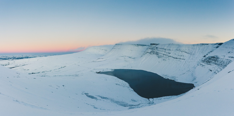 black mountain, glacier, water, beauty in nature, llyn y fan fach, slope, mountain, fan brycheiniog, sunset, outdoors, wales, white color, cold temperature