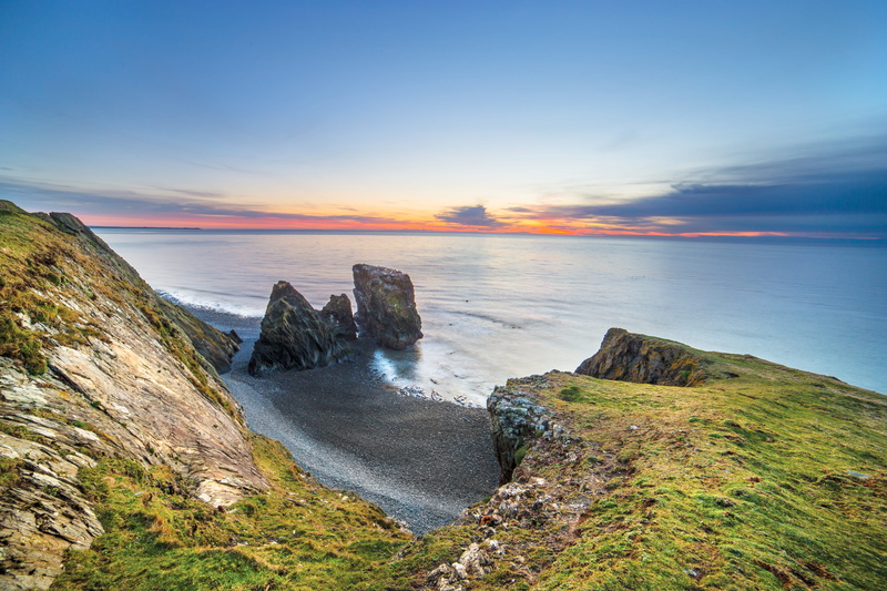 long exposure, water, green, cloud - sky, rock - object, cymru, trefor, tranquil scene, scenics - nature, slope, sea, plant, promontory, no people, land
