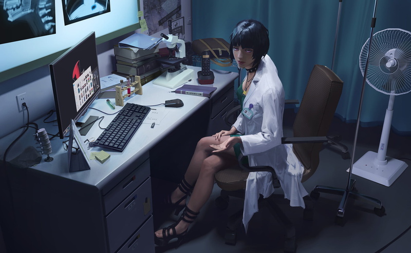 desk, short hair, 1080P, phone, computer mouse, sitting, violet eyes, video games, office, computer, white clothing, keyboards, Persona 5, microscope