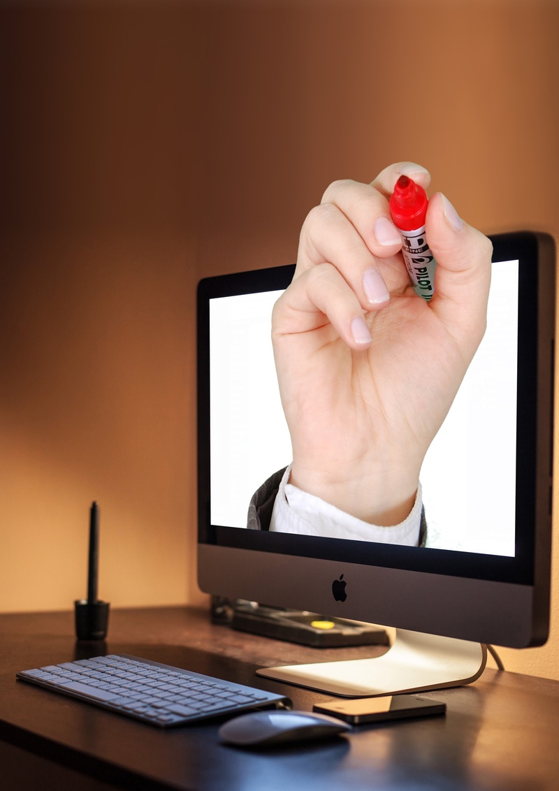 one person, human hand, pen, keyboard, 3d, imac, ad, holding, computer monitor, communication, hand, computer, silver, apple, finger, connection, 2K, red
