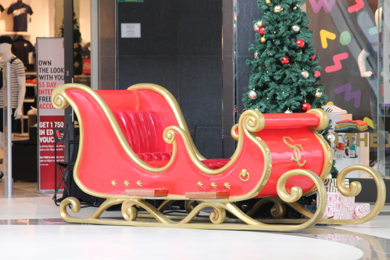 store, red, sleigh, indoors, tree, text, decoration, christmas sleigh, december, 4K, day, christmas tree, plant, joy, christmas decoration, consumerism