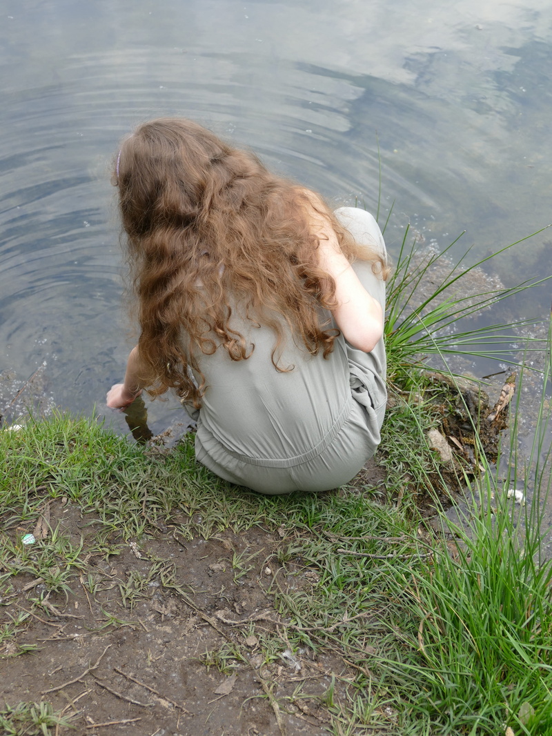 leisure activity, lifestyles, woman, high angle view, sitting, real people, one animal, brown hair, rear view, play, grey, hair, grass, nature, long hair