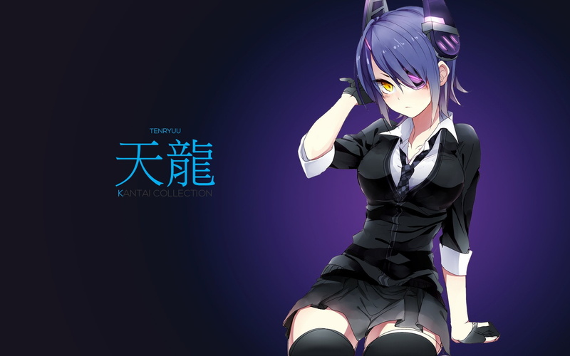 technology, Eye Patch, Thigh Highs, illustration, robot, illuminated, Girl, Tenryuu (Kancolle), one person, Sitting, cyborg, Anime, Dress, Kantai Collection