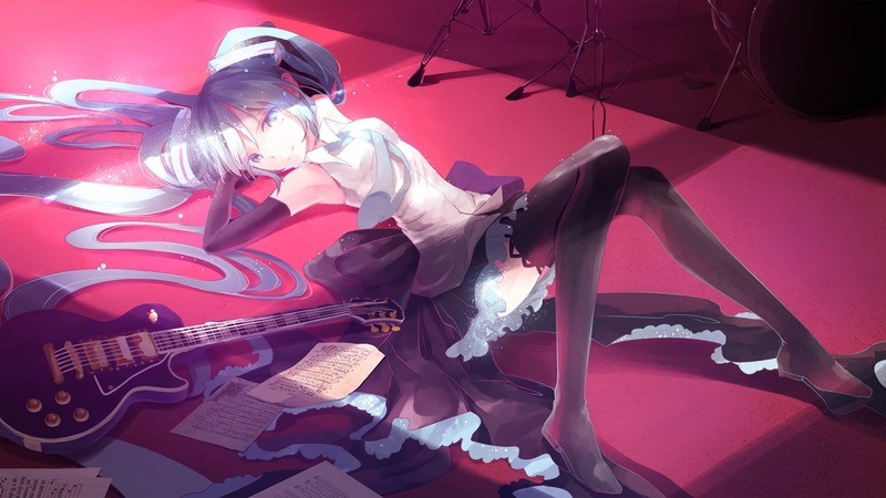 musical instrument, 1080P, human representation, musical equipment, thigh-highs, holding, obscured face, adult, red, Hatsune Miku, people, playing, clothing