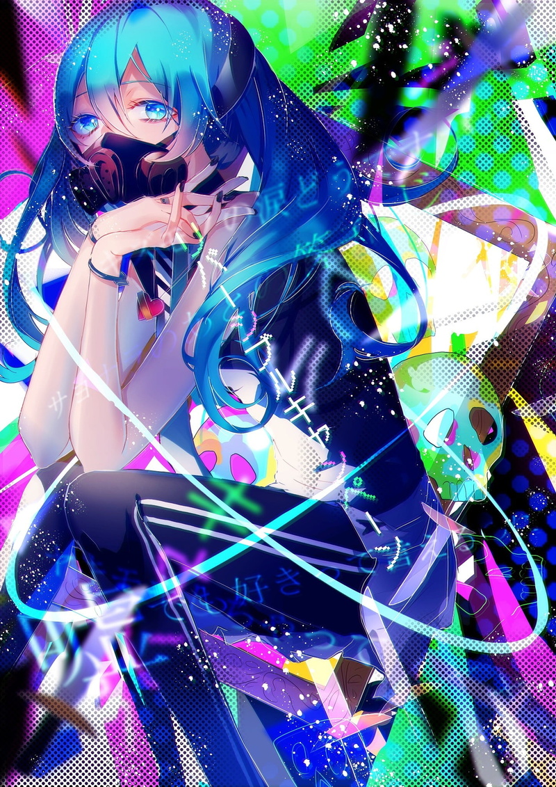 anime, women, Hatsune Miku, nightlife, technology, high angle view, shape, music, youth culture, blue eyes, indoors, 1080P, mask, futuristic, people, abstract
