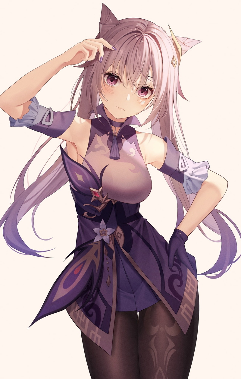 arms up, white background, long hair, looking at viewer, Genshin Impact, simple background, keqing (genshin impact), 1080P