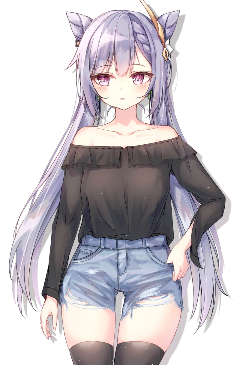 anime girls, Genshin Impact, 720P, keqing (genshin impact), bare shoulders, stockings
