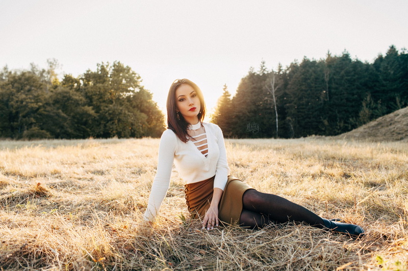 sunset, leisure activity, women outdoors, plant, full length, grass, fashion, portrait, outdoors, casual clothing, field, beauty, black stockings, beautiful woman