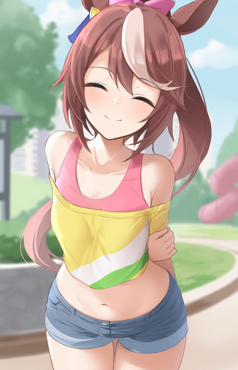 Tokai Teio (Uma Musume), long hair, bare midriff, Shengtian, smiling, Uma Musume Pretty Derby, 2K, blue eyes, anime girls, short pants