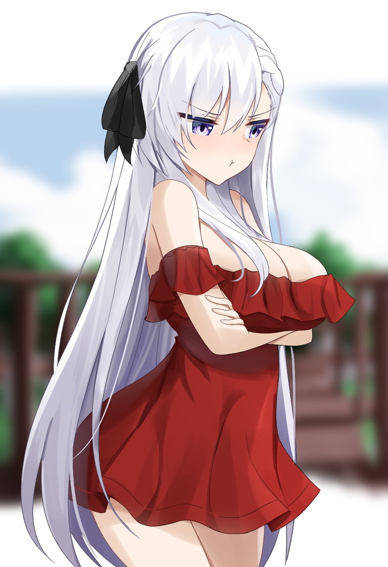 Azur Lane, red dress, pouting, boobs, white hair, anime girls, Belfast (Azur Lane), Shengtian, cleavage, 720P