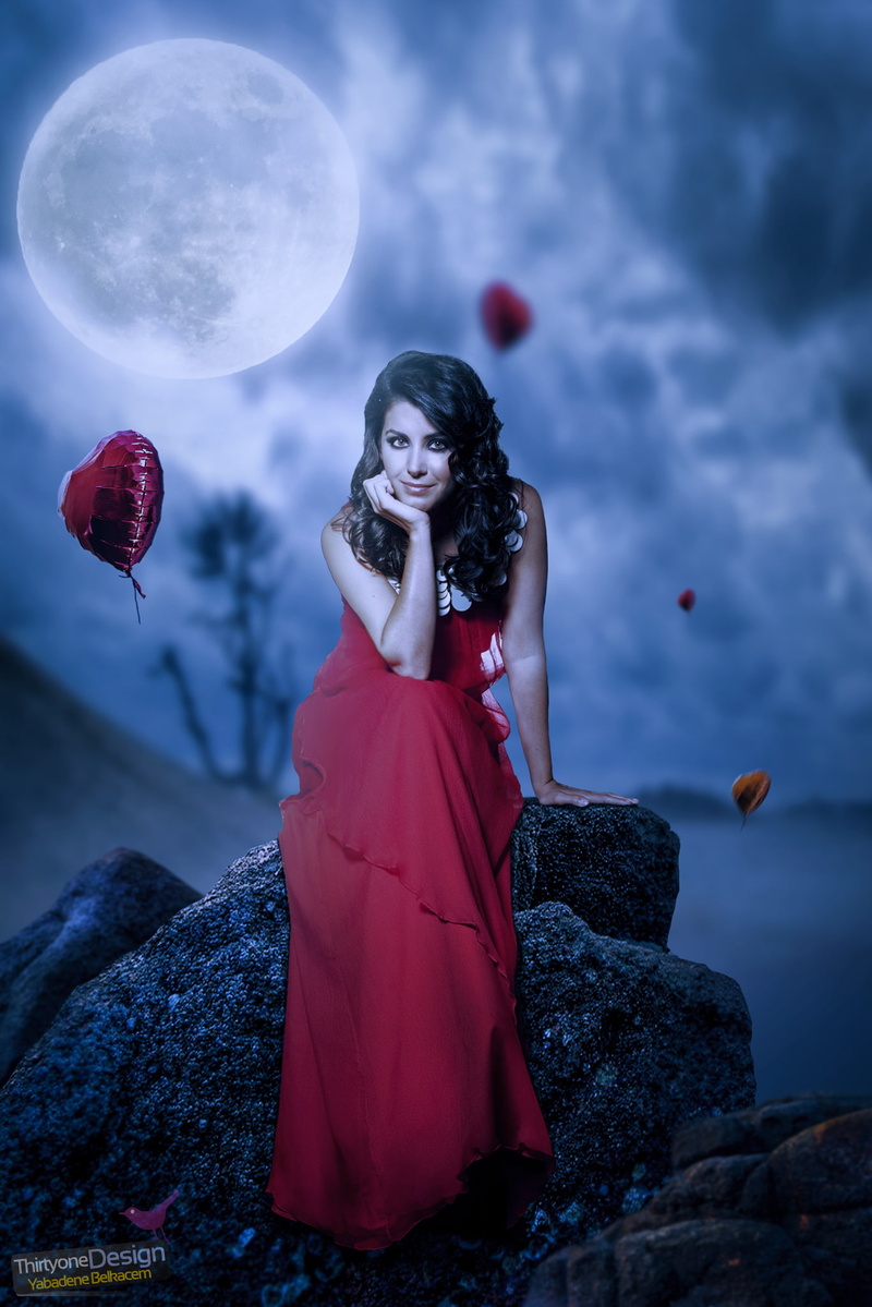 beautiful people, clothing, outdoors, dress, 1080P, moon, one person, hairstyle, night, beauty, evening gown, red, portrait, contemplation, rock, hair