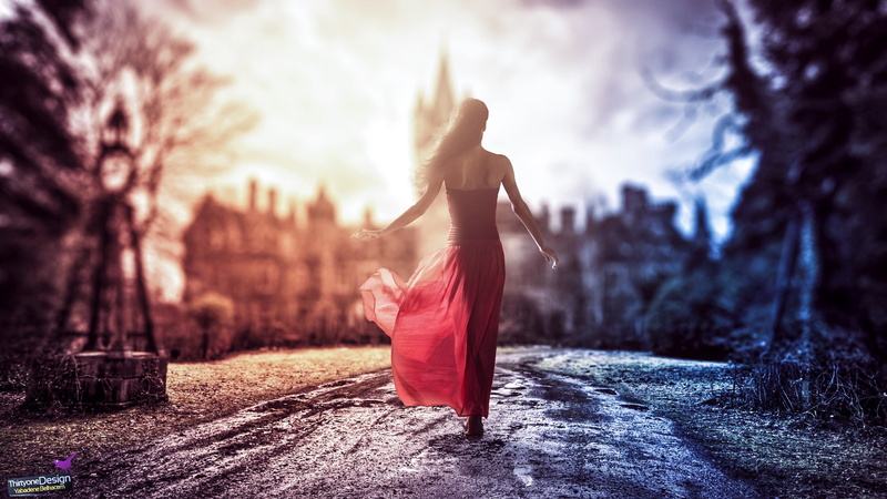 adult, red, lights, dress, women, forest, one person, sky, nature, fashion, robes, young adult, plant, castle, women outdoors, females, natural light, tree