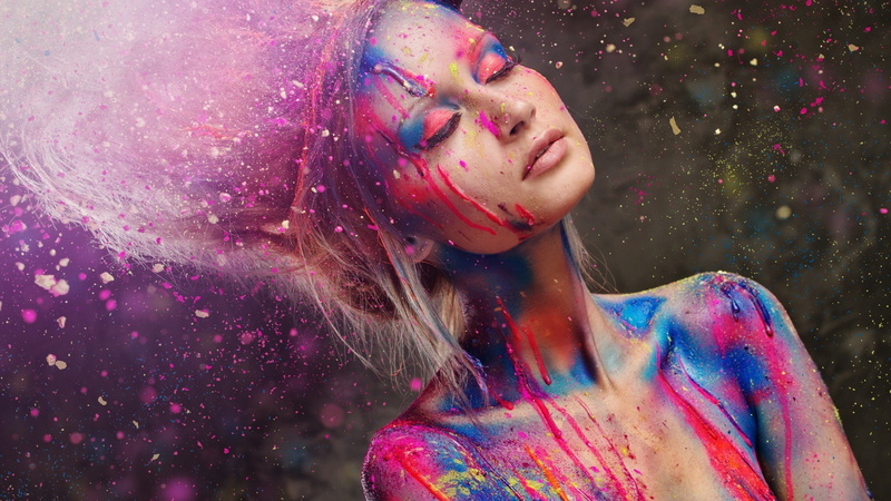 paint splatter, bare shoulders, 1080P, streaks, women, sunlight, closed eyes