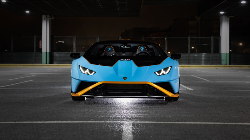 supercars, vehicle, Lamborghini Huracan, Italian Supercars, night, car, Lamborghini, sports car, parking lot, Lamborghini Huracan STO, blue cars, 4K, Headlights