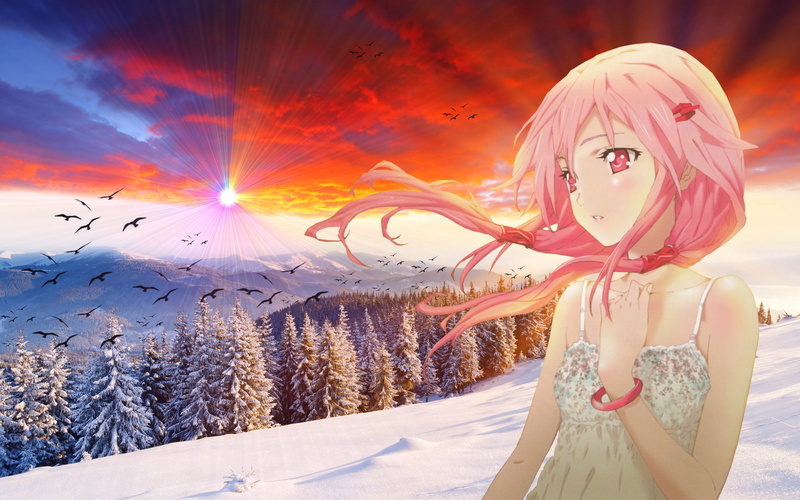 sunlight, tree, winter, pink hair, snow, male likeness, human representation, 2K, beauty in nature, outdoors, no people, art and craft, anime, creativity