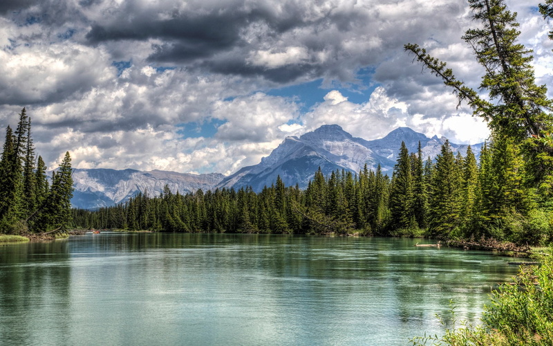 pine woodland, mountain peak, sky, nature, idyllic, tranquil scene, mountain range, water, outdoors, forest, tranquility, beauty in nature, lake, cloud - sky